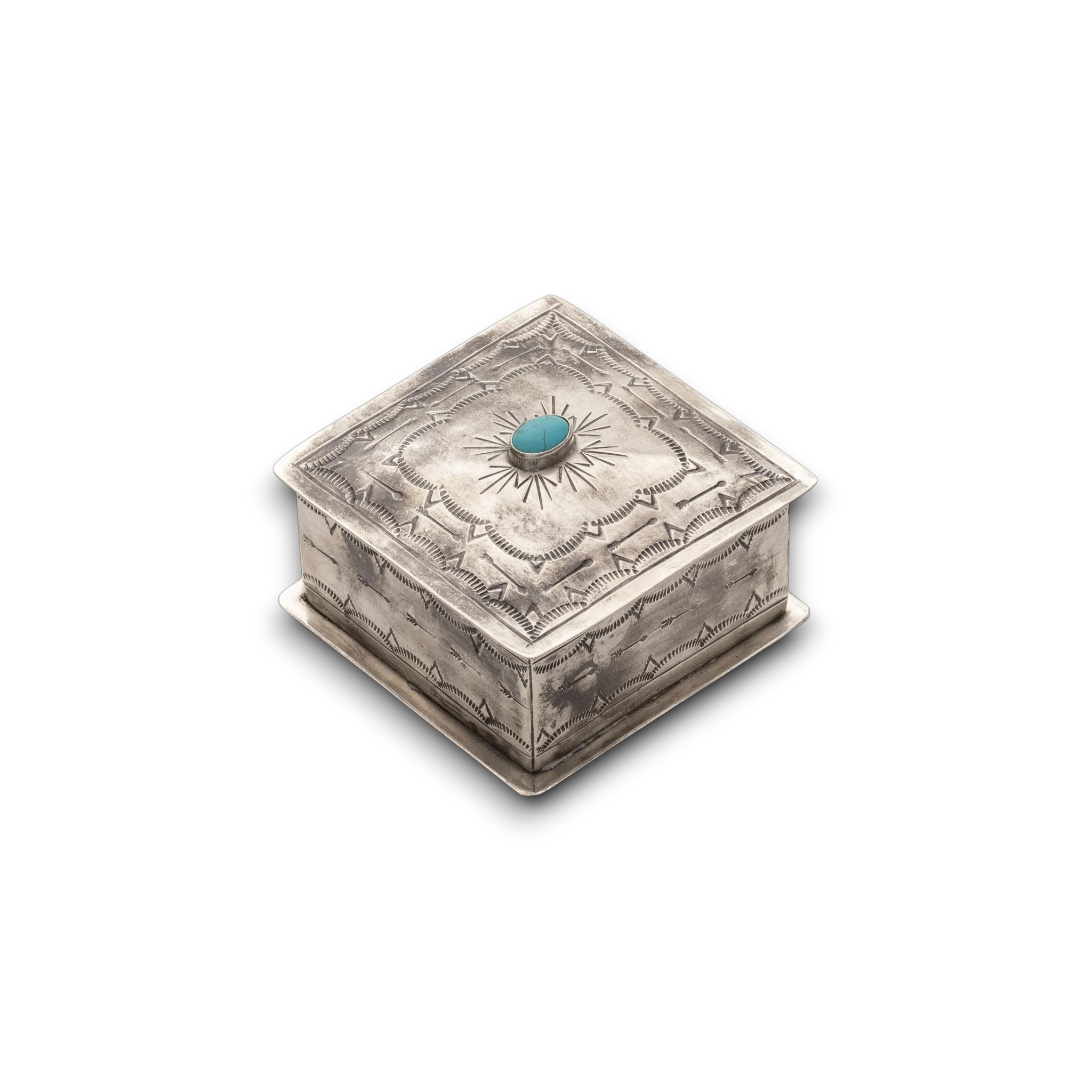 John Wayne Silver and Turquoise Stamped Square Box - Small