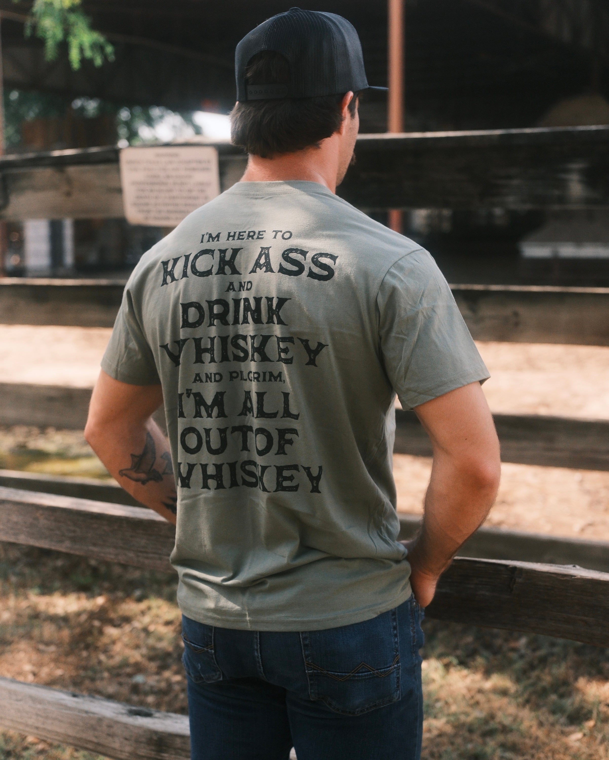 Kick Ass & Drink Whiskey Tee - Moss Green