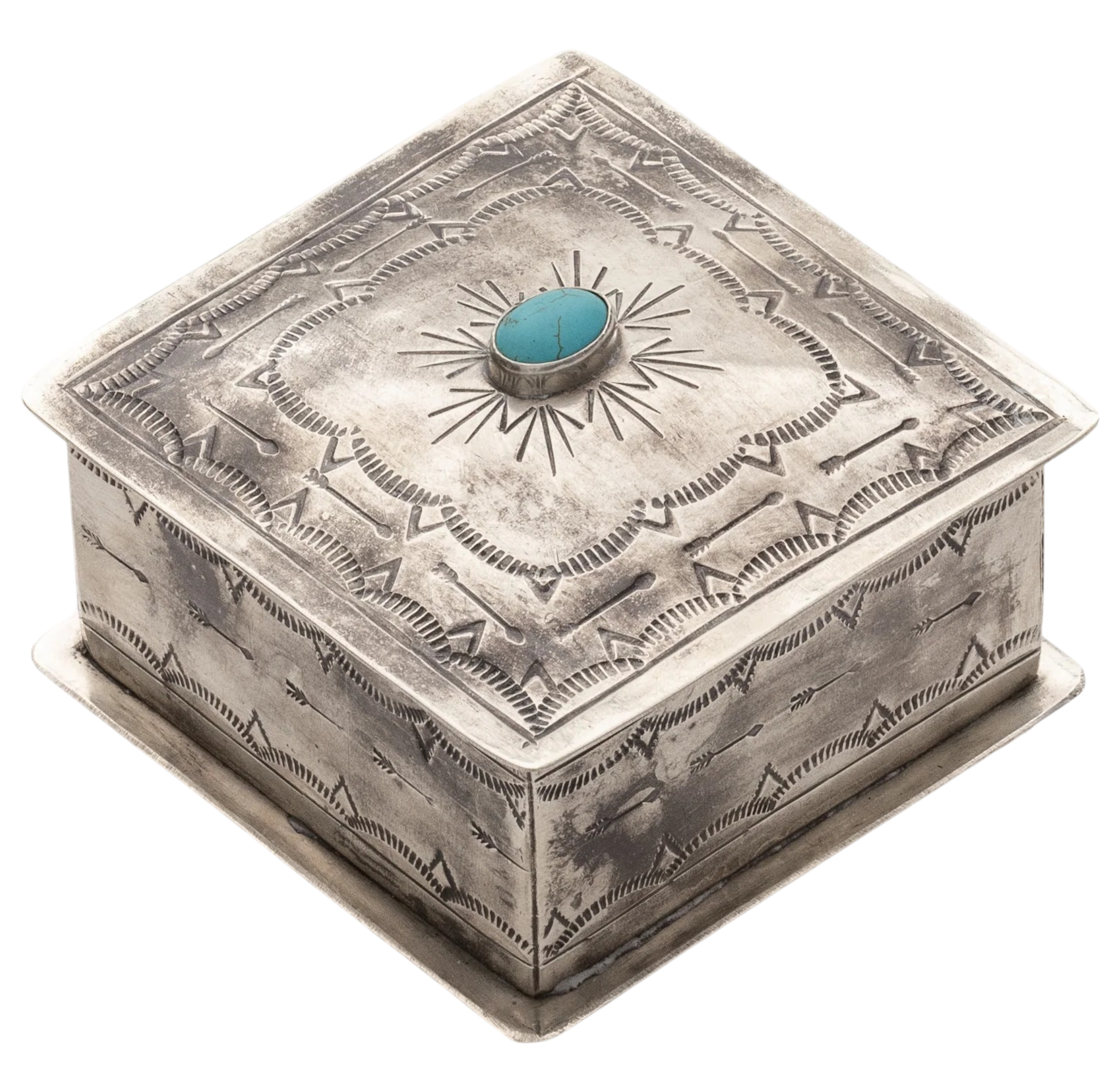 John Wayne Silver and Turquoise Stamped Square Box - Small