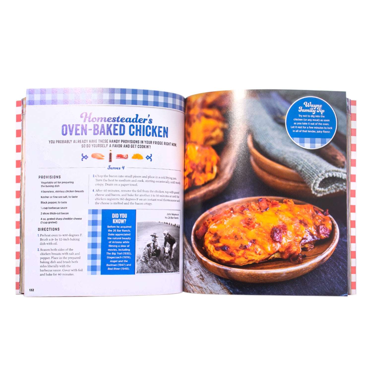 john wayne 5 ingredient homestyle cook book opened to oven baked chicken recipe and picture