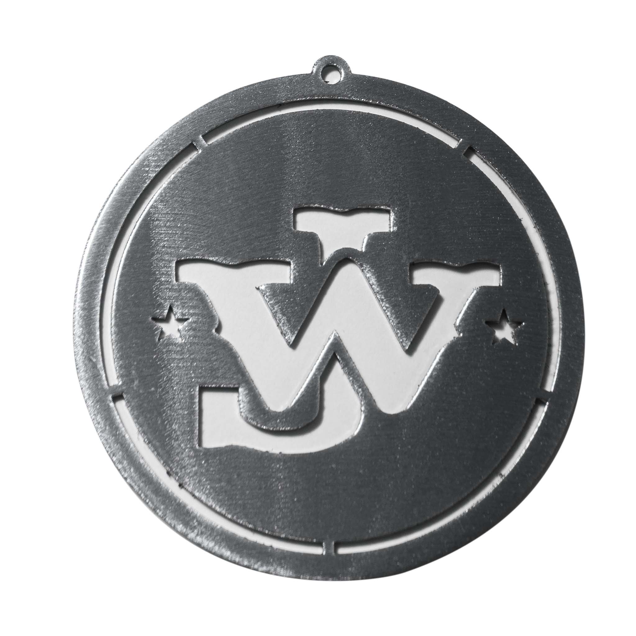 silver circular iron christmas ornament with JW