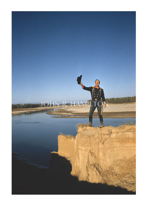 print of JOHN WAYNE ON SET OF "THE HORSE SOLDIERS," 1959