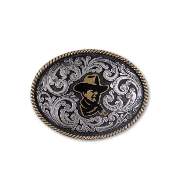 belt buckle with john waynes head and feather like design around it