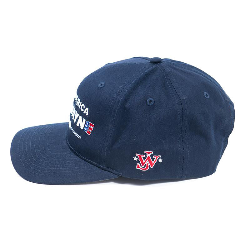 side of navy hat with john wayne initials
