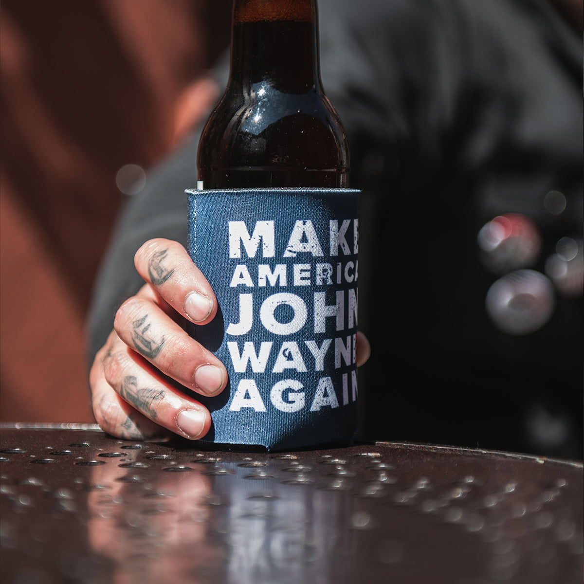 beer in navy make america john wayne again koozie