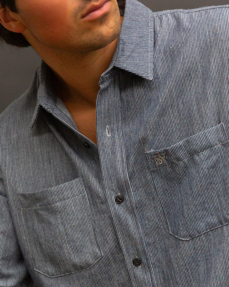 The Ethan Men's Western Shirt in Train Robbers Indigo Stripe