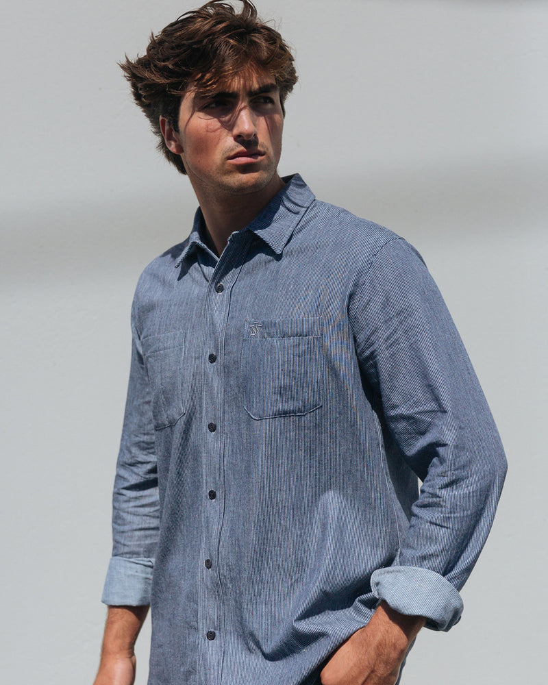 The Ethan Men's Western Shirt in Train Robbers Indigo Stripe