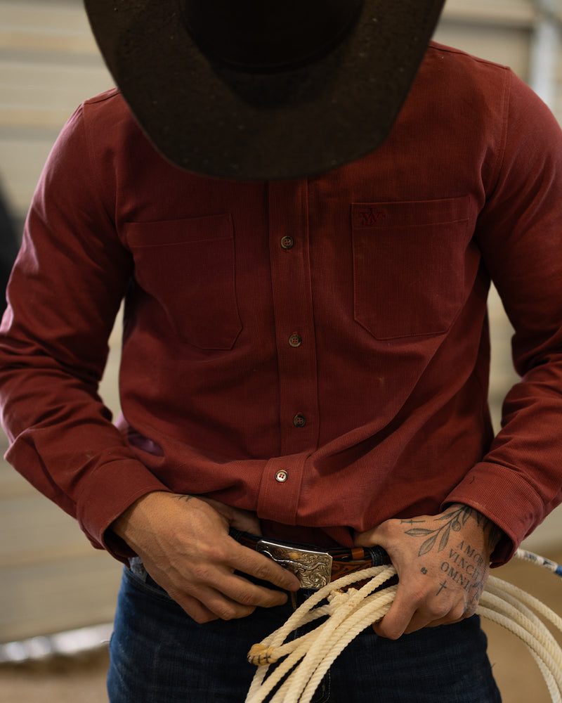 The Ethan Men's Western Shirt in Corduroy - Barn Red