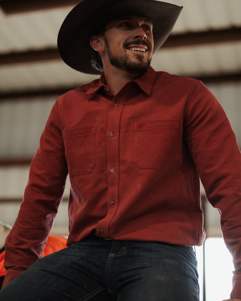 The Ethan Men's Western Shirt in Corduroy - Barn Red