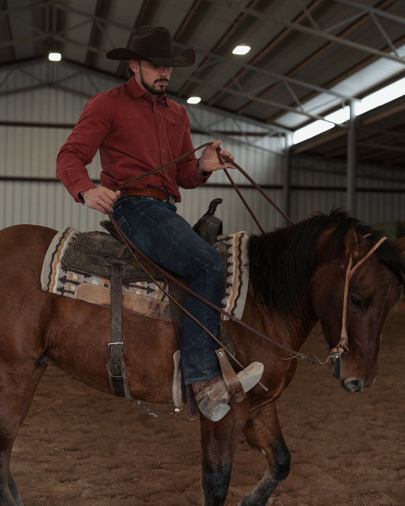 The Ethan Men's Western Shirt in Corduroy - Barn Red