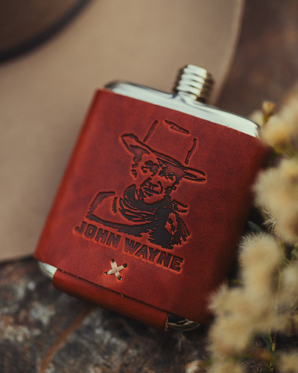 John Wayne Cowboy Leather Wrapped Steel Flask