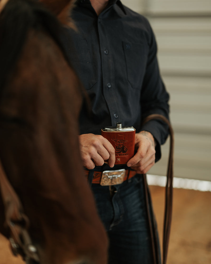 John Wayne Cowboy Leather Wrapped Steel Flask