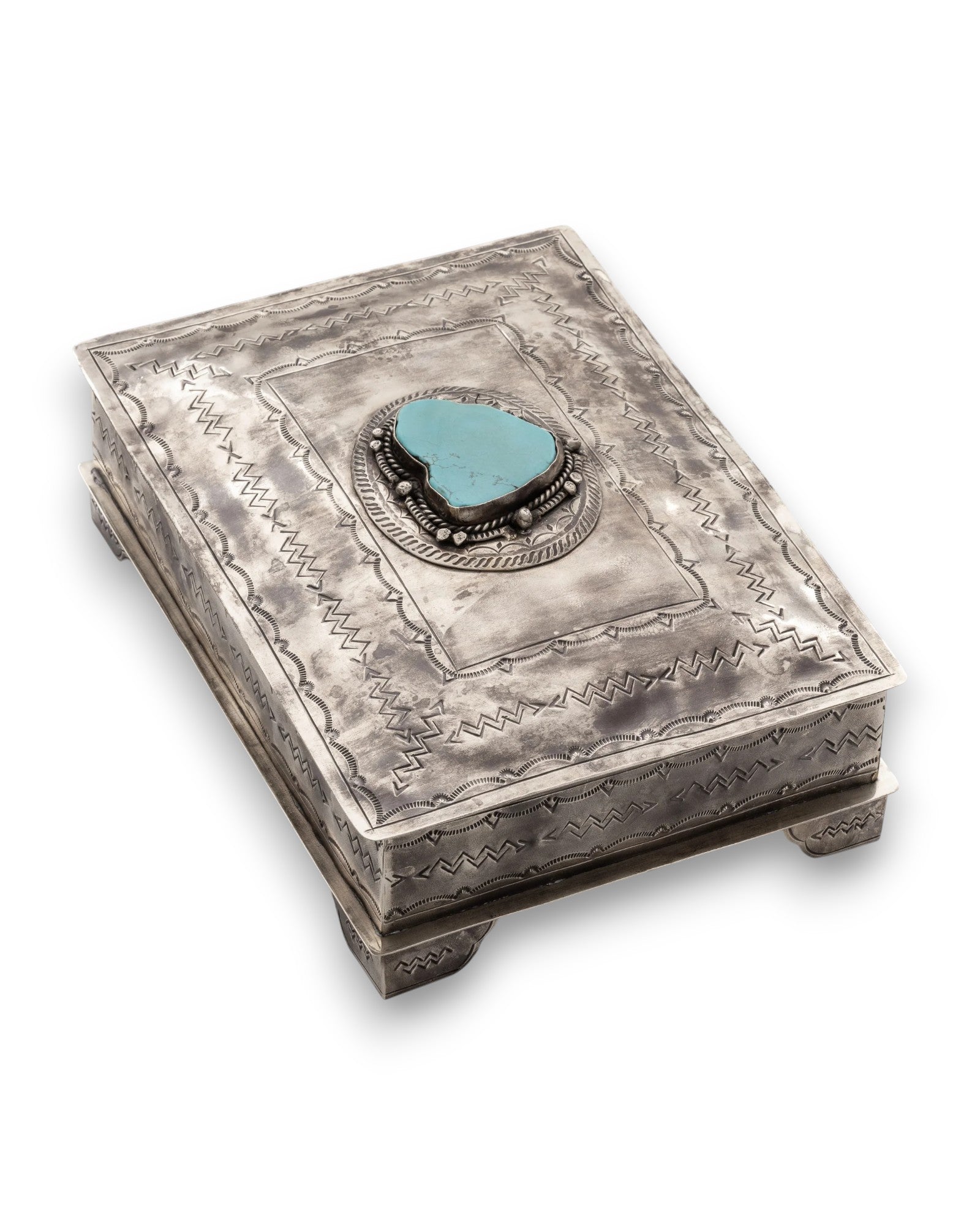 John Wayne Silver and Turquoise Stamped Box - Large