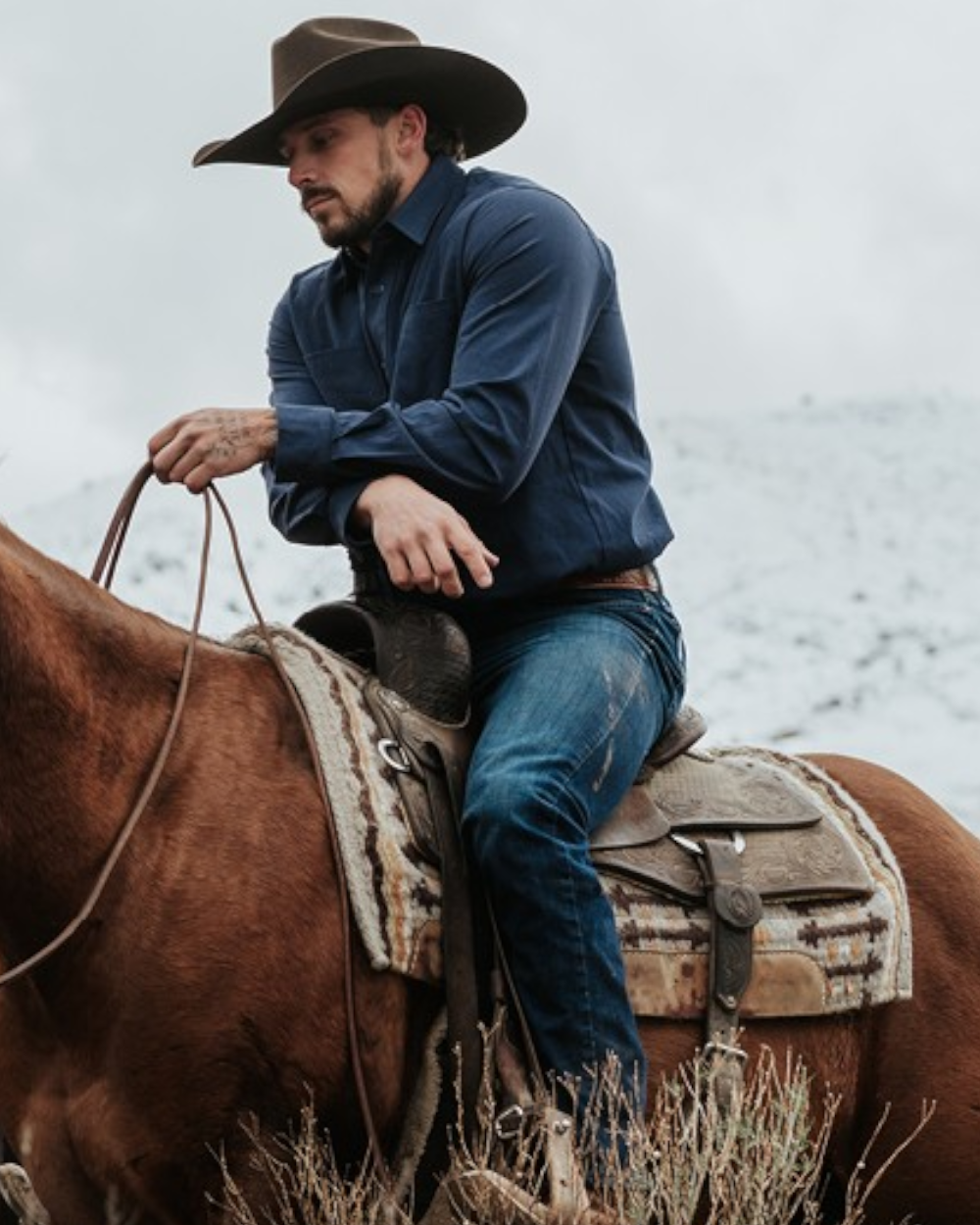 The Ethan Men's Western Shirt in Sanded Twill - Midnight Blue