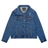 womens denim jacket with john wayne logo above pocket 