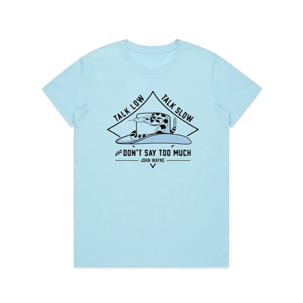 blue talk low talk slow and don't say too much tee with snake on hat graphic 