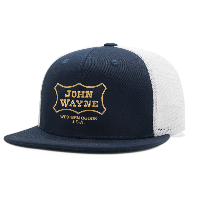 navy and white hat with vintage john wayne badge design  