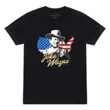 front of black t-shirt with  john wayne over american flag country background