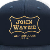 close up of navy and white hat with vintage john wayne badge design