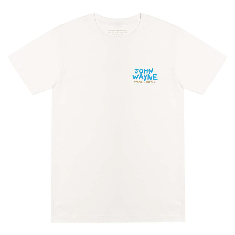 front of white tee with John Wayne Stock & Supply on pocket 