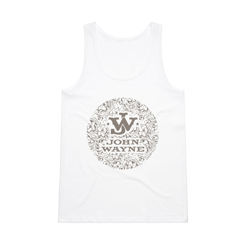 front of women's tank with JW and flowerlike design around it