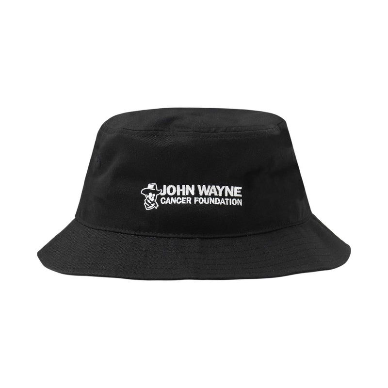 front of black bucket hat with john waynes head and "john wayne cancer foundation" next to it