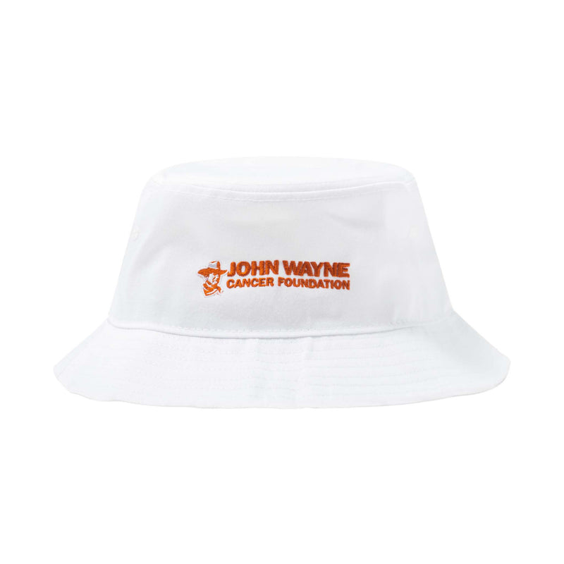 front of white bucket hat with john waynes head and "john wayne cancer foundation" next to it