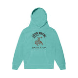front of blue kids hoodie with "john wayne rodeo saddle up" and bucking horse graphic