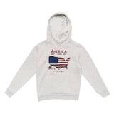front of kids hoodie with "american why I love her" above united states filled with the american flag design 