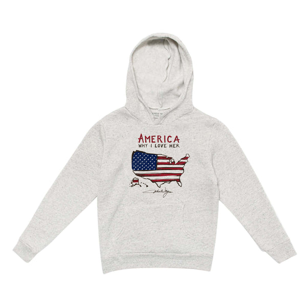 front of kids hoodie with "american why I love her" above united states filled with the american flag design 