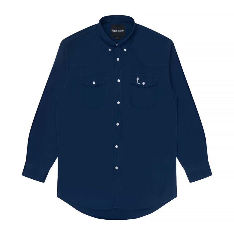 cobalt blue button up long sleeve with john wayne silhouette on left chest pocket