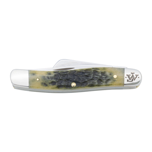 jigged olive green bone handle with JW of stockman knife