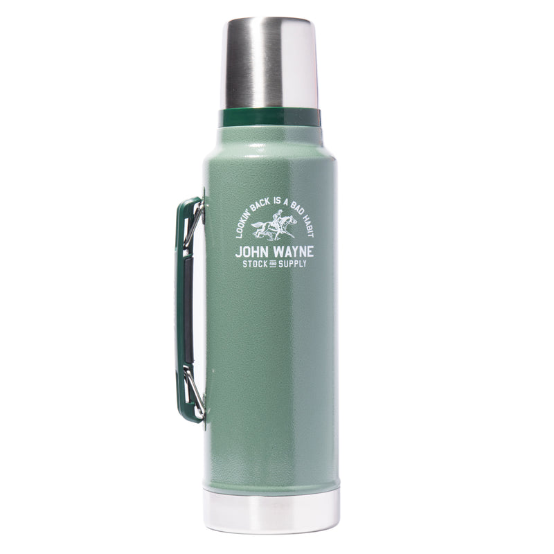 green john wayne Stanley thermos with lookin back is a bad habit and horse bike rider design 