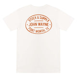 back of t-shirt with "stock & supply John Wayne Fort Worth, TX" on it