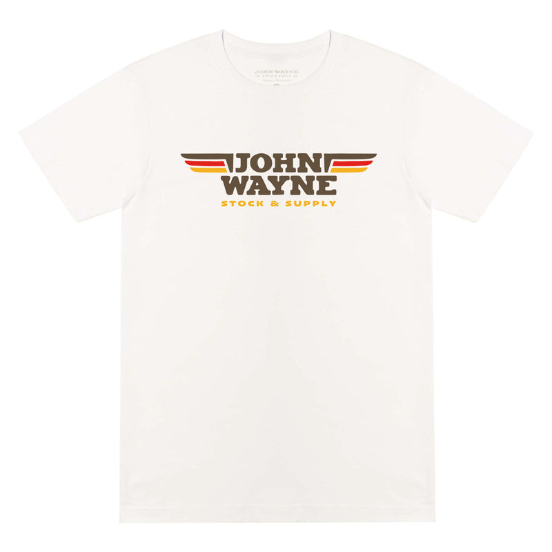 white t-shirt "john wayne stock & supply" with wings design