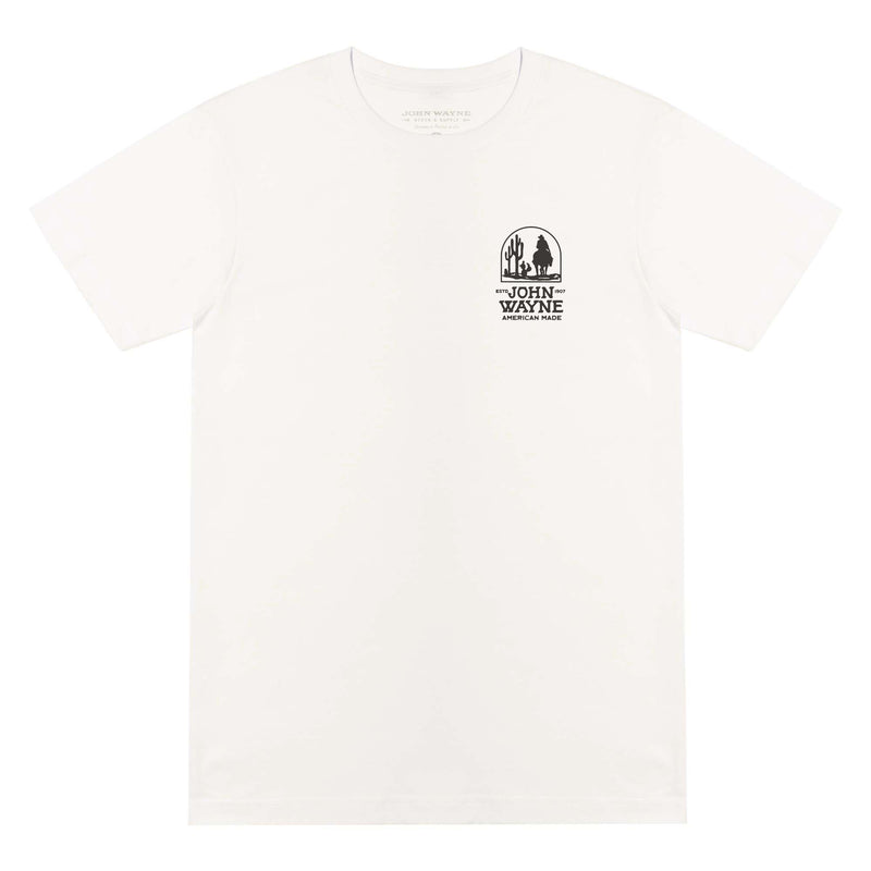 front of john wayne MFGCO pigment white tee with desert scenery and cowboy on pocket 