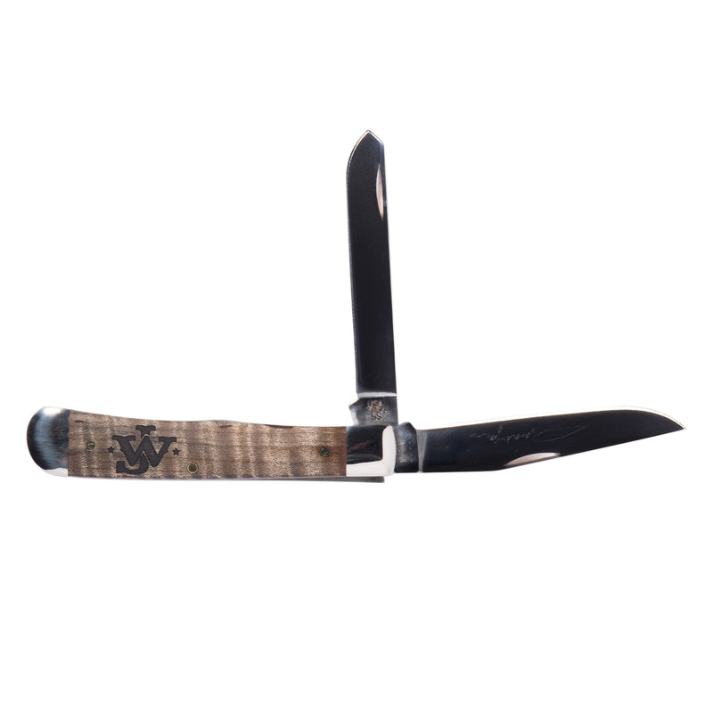 John Wayne Embellished Smooth Natural Curly Maple Wood Trapper Knife