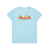 front of blue womens t-shirt with desert scene and "go west & turn right" below it