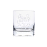 whiskey glass with john wayne MFG Co. and horse shoe design