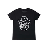 front of black t-shirt with "john wayne" in circle with cowboy hat design 