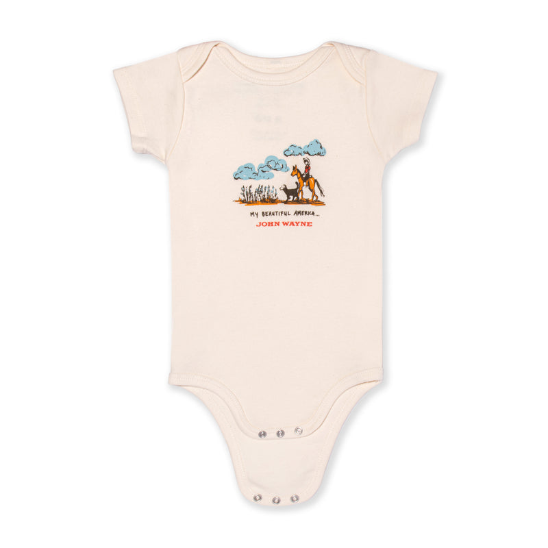 front of john wayne onesie with cowboy riding horse next to dog on it