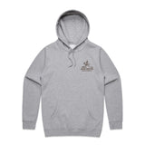 front of grey hoodie with john wayne riding horse on pocket 