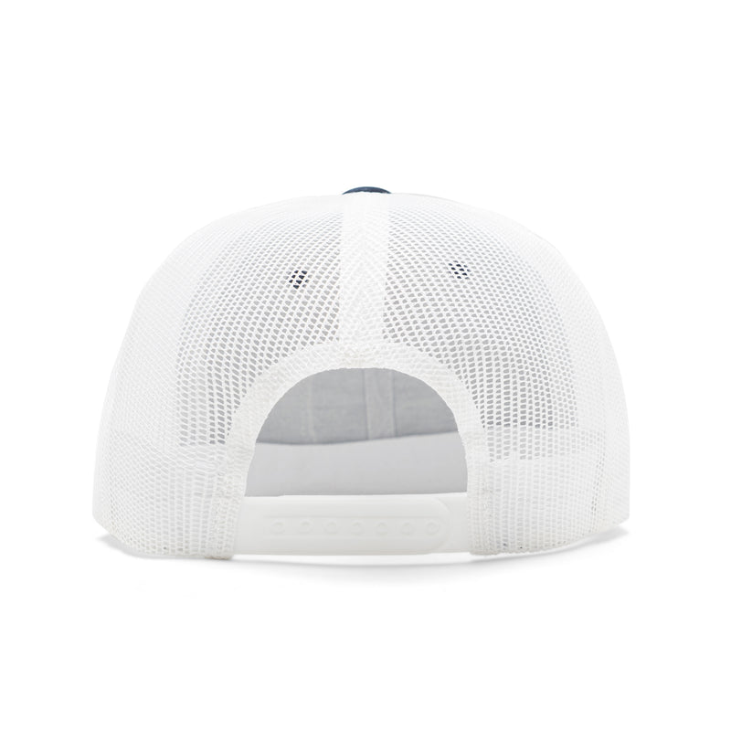 back of white mesh hat with adjustable snapback closure 