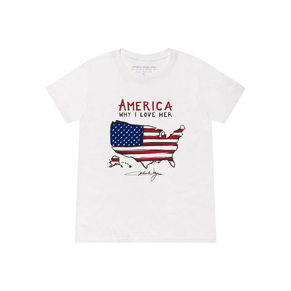 front of t-shirt with "america why I love her" above united states filled with american flag design 