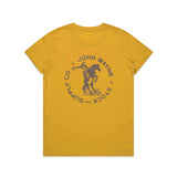 front of yellow women's t-shirt with grey john wayne on a bucking horse and "john wayne stock and supply co." bordering it design