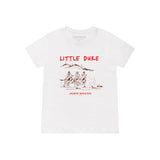 front of little duke white kids tee with three cowboys on horses in valley graphic