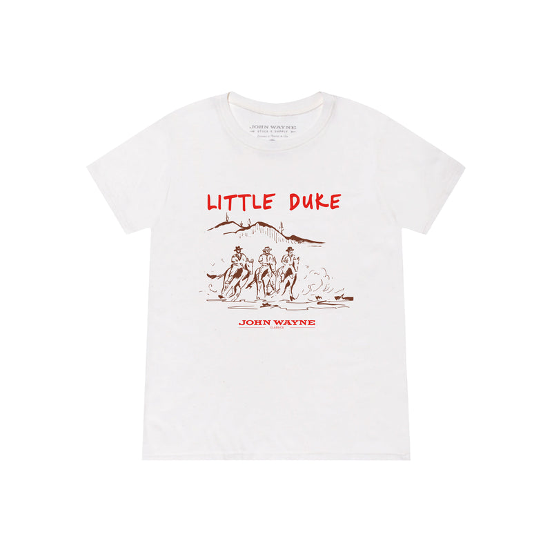 front of little duke white kids tee with three cowboys on horses in valley graphic