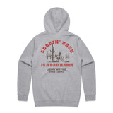 back of lookin' back is a bad habit grey womens hoodie with desert scene and cowboy on horse