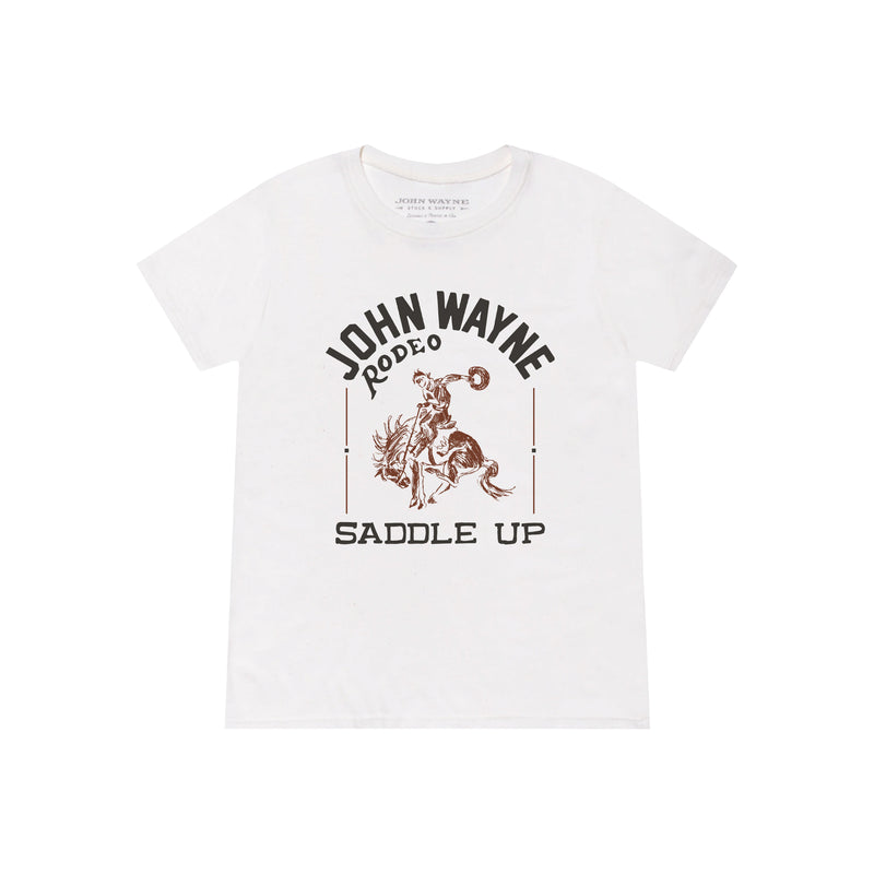 white kids tee with "john wayne rodeo saddle up" and bucking horse graphic