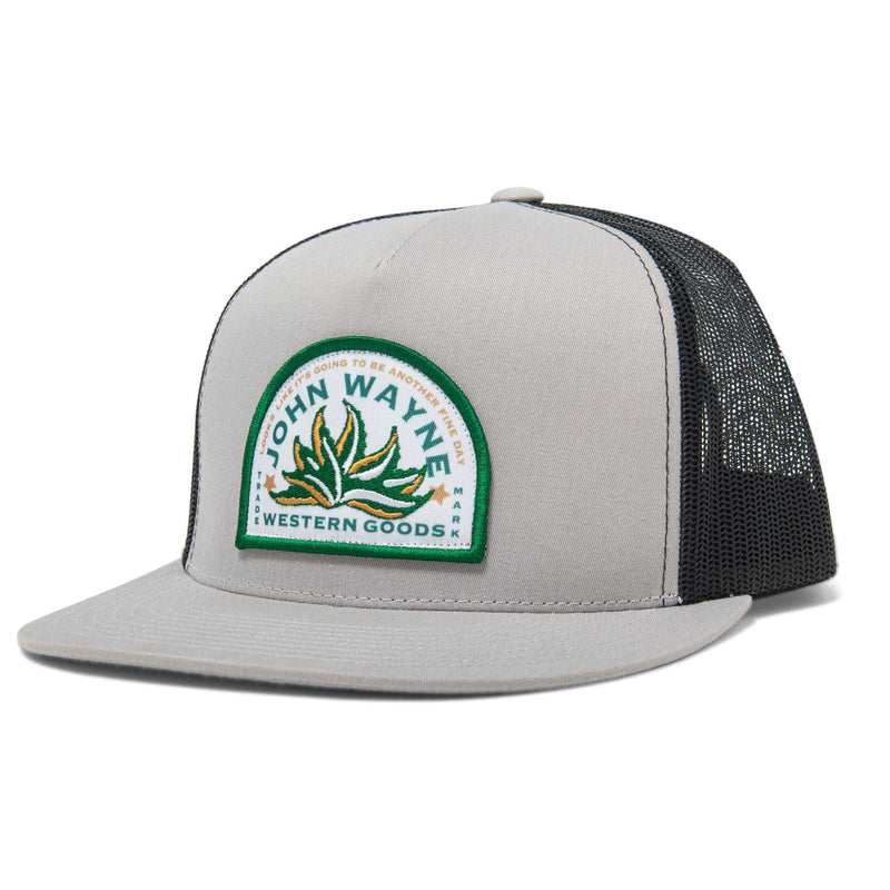 front of hat with john wayne western goods and agave plant patch on it